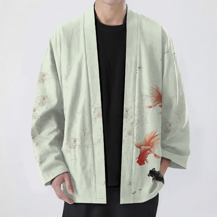 Buddha Stones Kimono pour homme en coton à motif de carpes koï et de vagues, ouvert sur le devant - Crème à la menthe - US/UK/AU48，EU58 (4XL) - image 9
