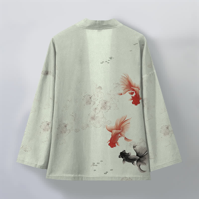 Buddha Stones Kimono pour homme en coton à motif de carpes koï et de vagues, ouvert sur le devant - image 11