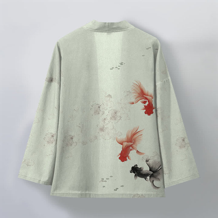 Buddha Stones Kimono pour homme en coton à motif de carpes koï et de vagues, ouvert sur le devant - image 11