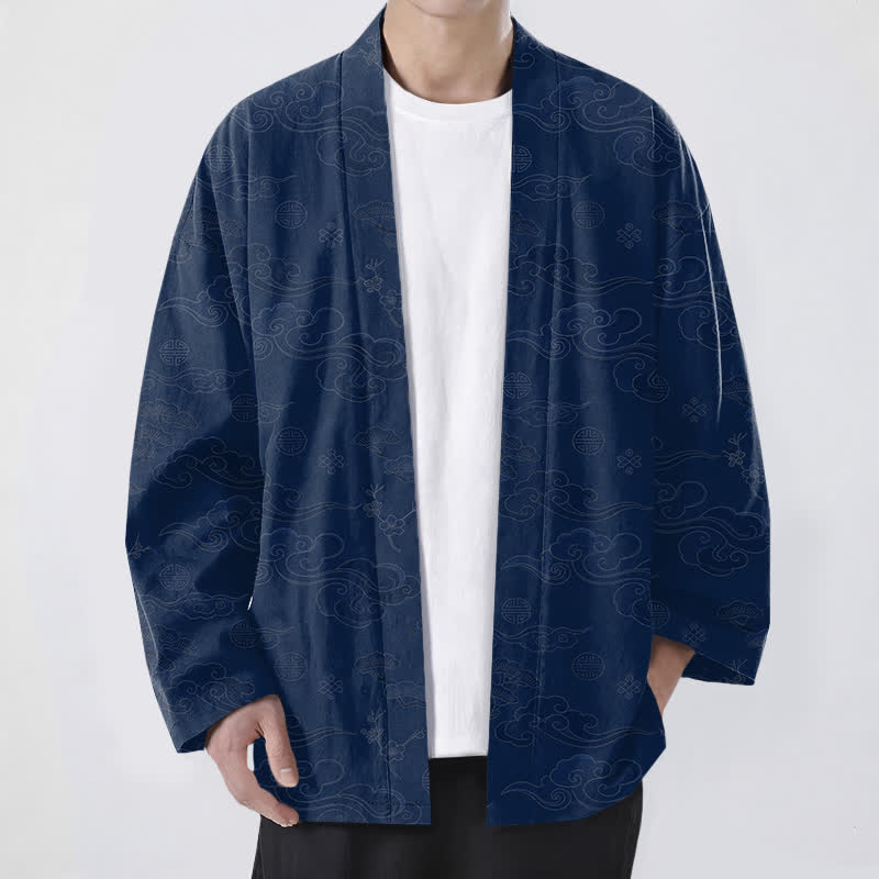 Buddha Stones Kimono pour homme en coton à motif de nuages ​​porte-bonheur, ouvert sur le devant - Marine - US/UK/AU48，EU58 (4XL) - image 0