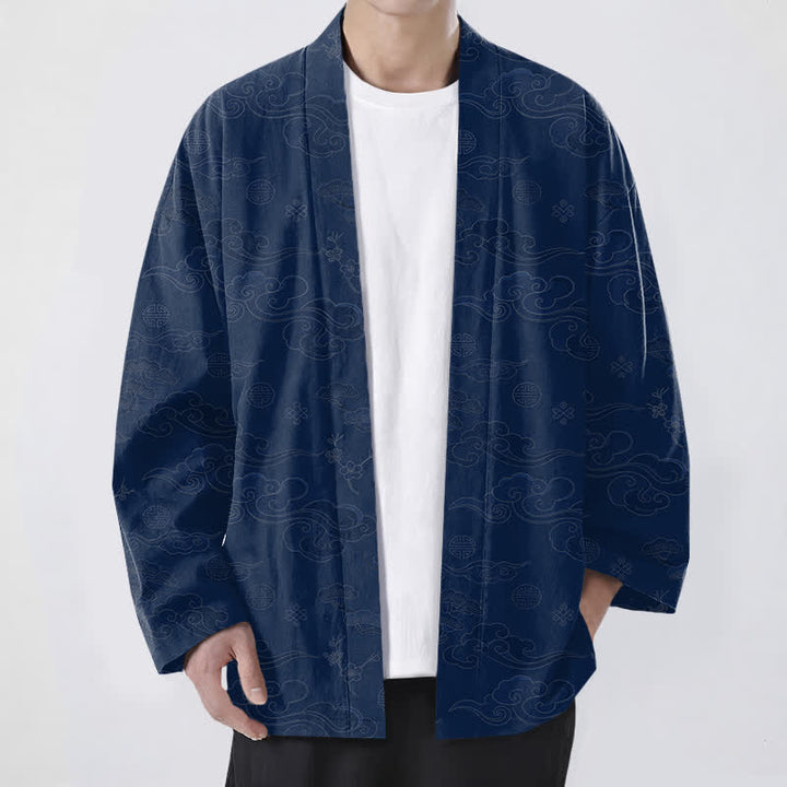 Buddha Stones Kimono pour homme en coton à motif de nuages ​​porte-bonheur, ouvert sur le devant - Marine - US/UK/AU48，EU58 (4XL) - image 0