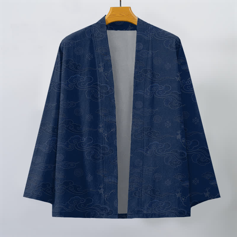 Buddha Stones Kimono pour homme en coton à motif de nuages ​​porte-bonheur, ouvert sur le devant - image 1