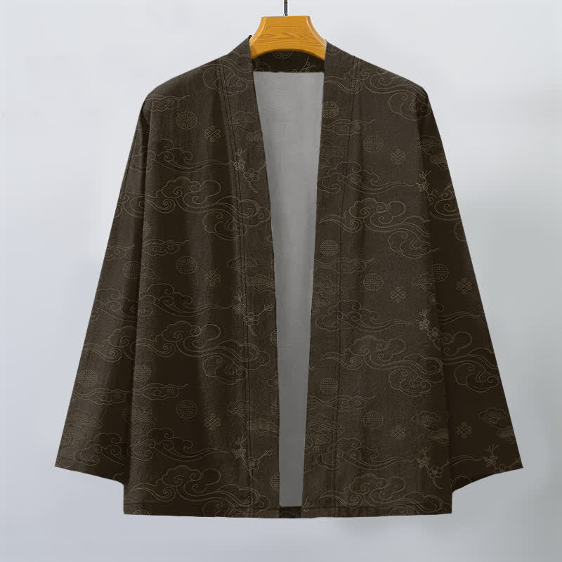 Buddha Stones Kimono pour homme en coton à motif de nuages ​​porte-bonheur, ouvert sur le devant - image 7