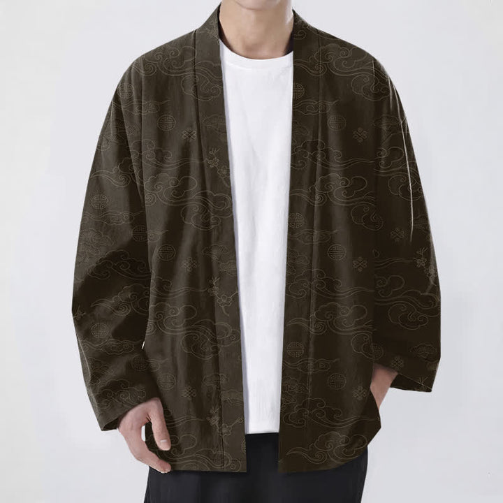 Buddha Stones Kimono pour homme en coton à motif de nuages ​​porte-bonheur, ouvert sur le devant - Vert olive foncé - US/UK/AU48，EU58 (4XL) - image 6