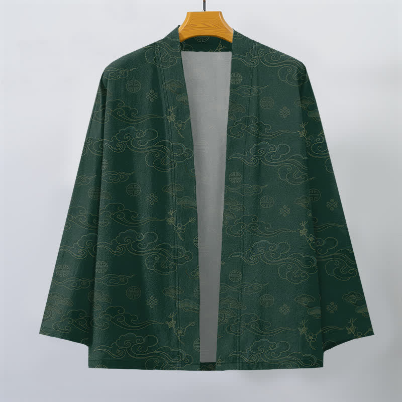 Buddha Stones Kimono pour homme en coton à motif de nuages ​​porte-bonheur, ouvert sur le devant - image 10