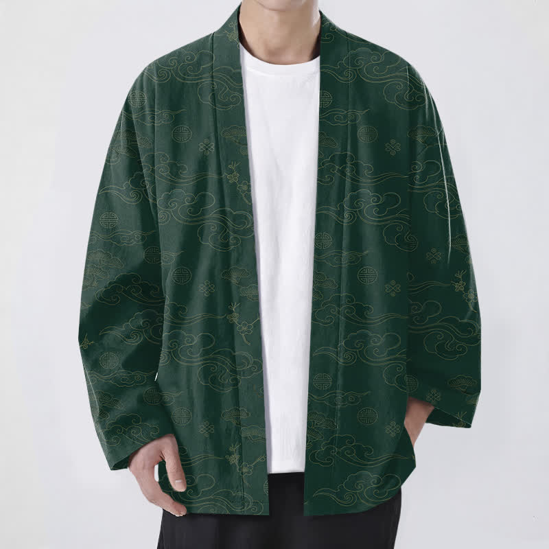 Buddha Stones Kimono pour homme en coton à motif de nuages ​​porte-bonheur, ouvert sur le devant - Vert forêt - US/UK/AU48，EU58 (4XL) - image 9