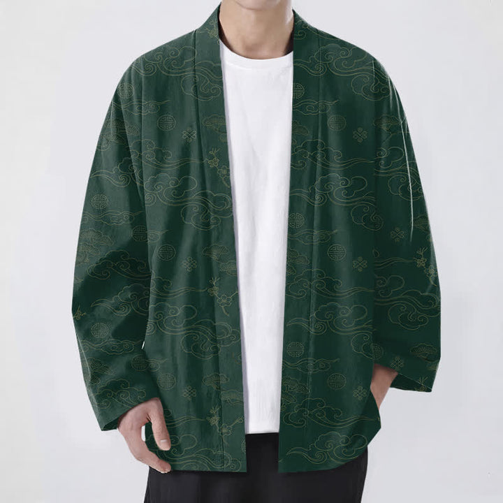 Buddha Stones Kimono pour homme en coton à motif de nuages ​​porte-bonheur, ouvert sur le devant - Vert forêt - US/UK/AU48，EU58 (4XL) - image 9