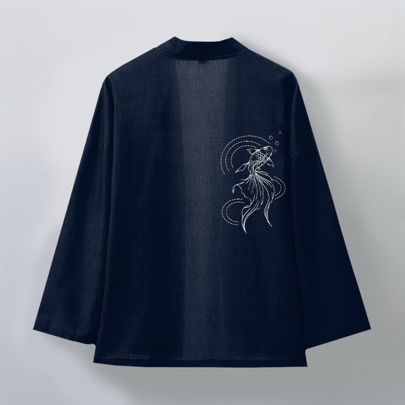 Buddha Stones Kimono pour homme en coton blanc à motif de vagues et de carpes koï, ouvert sur le devant - image 2
