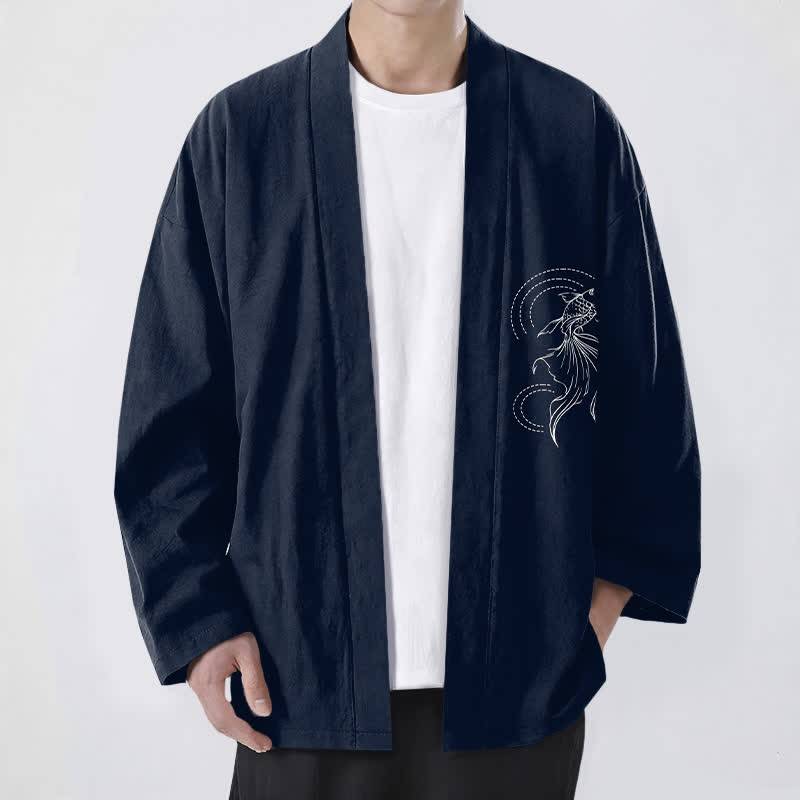 Buddha Stones Kimono pour homme en coton blanc à motif de vagues et de carpes koï, ouvert sur le devant - Marine - US/UK/AU48，EU58 (4XL) - image 0