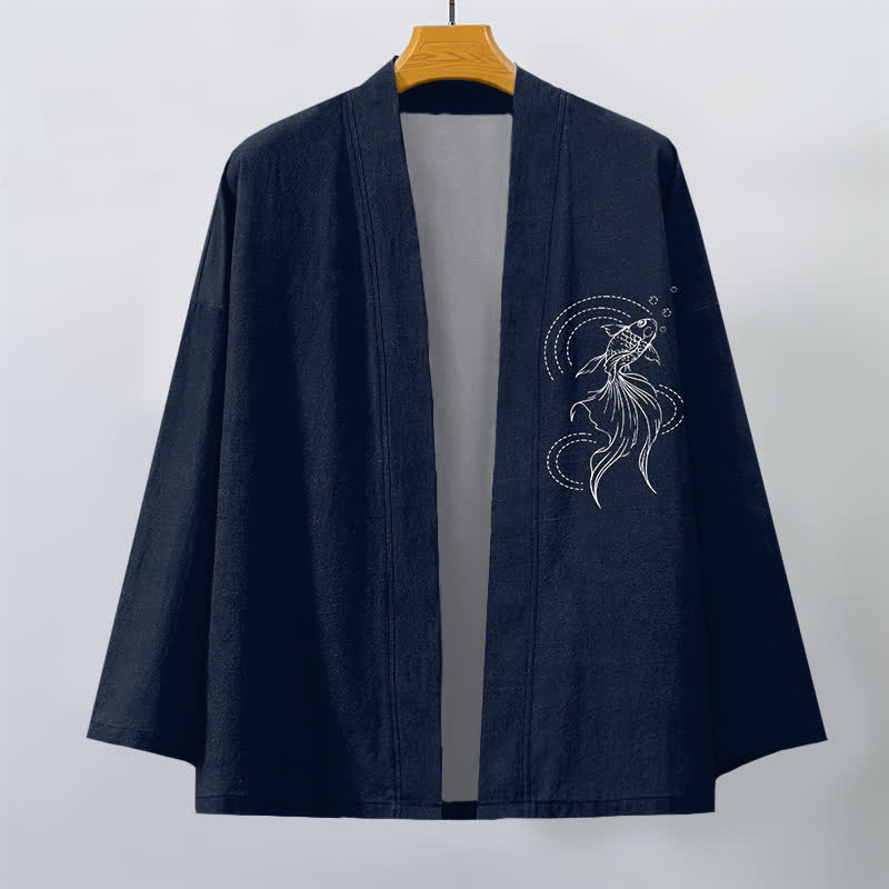 Buddha Stones Kimono pour homme en coton blanc à motif de vagues et de carpes koï, ouvert sur le devant - image 1