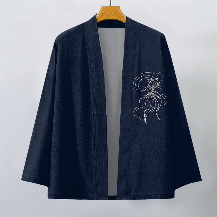 Buddha Stones Kimono pour homme en coton blanc à motif de vagues et de carpes koï, ouvert sur le devant - image 1