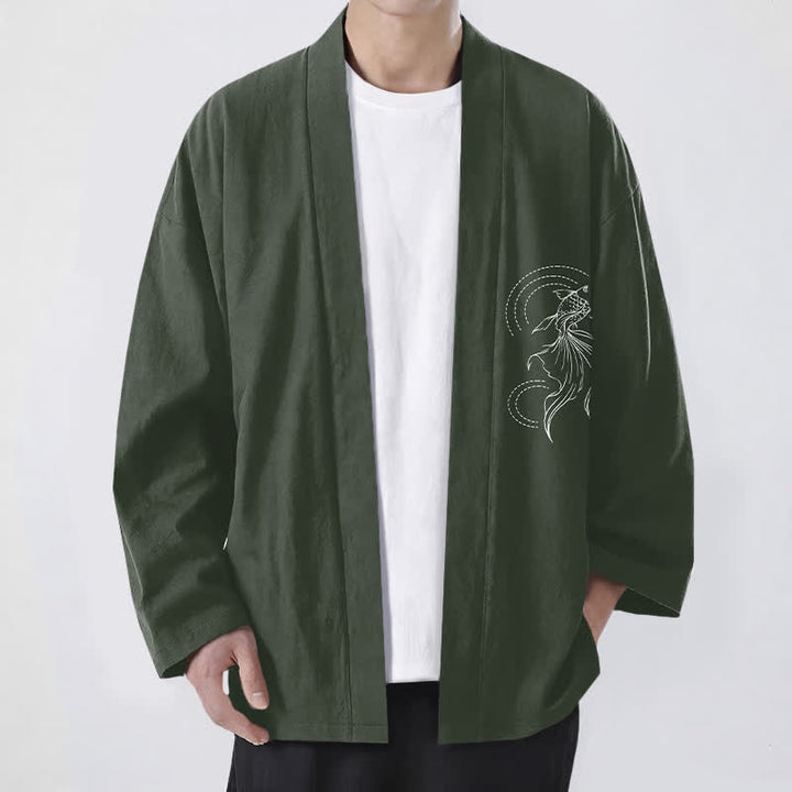 Buddha Stones Kimono pour homme en coton blanc à motif de vagues et de carpes koï, ouvert sur le devant - Vert foncé - US/UK/AU48，EU58 (4XL) - image 6