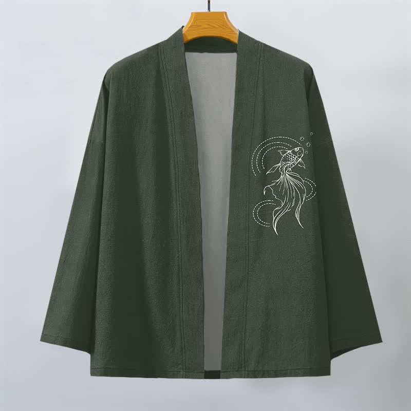 Buddha Stones Kimono pour homme en coton blanc à motif de vagues et de carpes koï, ouvert sur le devant - image 7