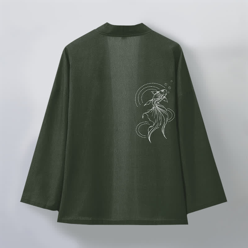 Buddha Stones Kimono pour homme en coton blanc à motif de vagues et de carpes koï, ouvert sur le devant - image 8