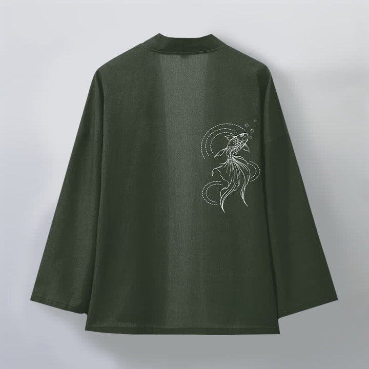 Buddha Stones Kimono pour homme en coton blanc à motif de vagues et de carpes koï, ouvert sur le devant - image 8