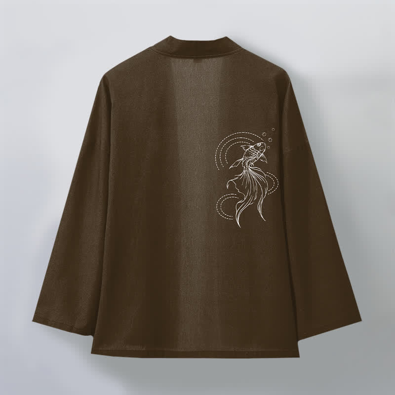 Buddha Stones Kimono pour homme en coton blanc à motif de vagues et de carpes koï, ouvert sur le devant - image 11