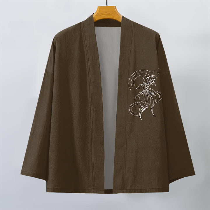 Buddha Stones Kimono pour homme en coton blanc à motif de vagues et de carpes koï, ouvert sur le devant - image 10