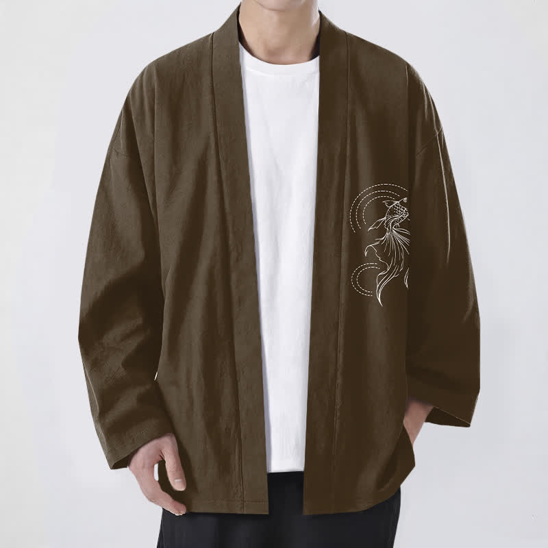 Buddha Stones Kimono pour homme en coton blanc à motif de vagues et de carpes koï, ouvert sur le devant - SaddleBrown - US/UK/AU48，EU58 (4XL) - image 9