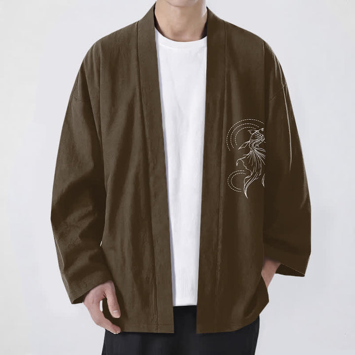 Buddha Stones Kimono pour homme en coton blanc à motif de vagues et de carpes koï, ouvert sur le devant - SaddleBrown - US/UK/AU48，EU58 (4XL) - image 9