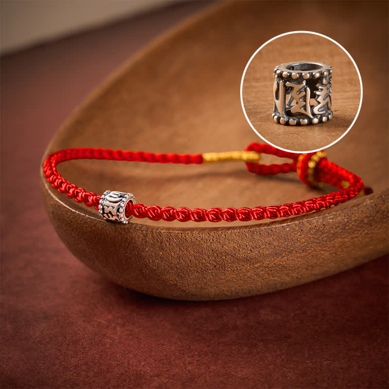 Buddha Stones Bracelet minimaliste de protection Om Mani Padme Hum en argent sterling 925 avec cordon noir et rouge - Cordon rouge - 5,5–6,3 pouces (14–16 cm) - image 0