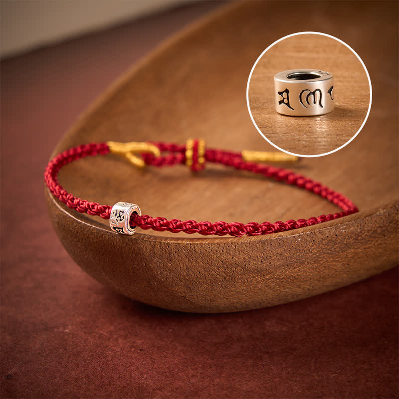 Buddha Stones Bracelet minimaliste Om Mani Padme Hum en argent sterling 925 avec cordon noir et rouge - Cordon rouge foncé - 5,5–6,3 pouces (14–16 cm) - image 0