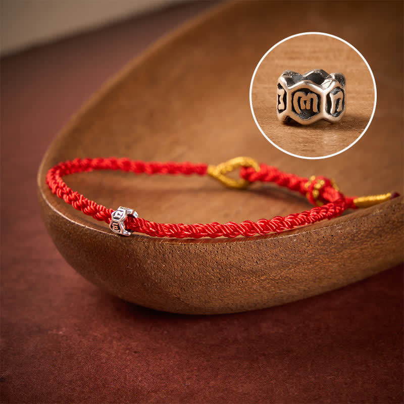 Buddha Stones Bracelet porte-bonheur Om Mani Padme Hum en argent sterling 925, avec cordon noir et rouge - Cordon rouge - 5,5–6,3 pouces (14–16 cm) - image 0
