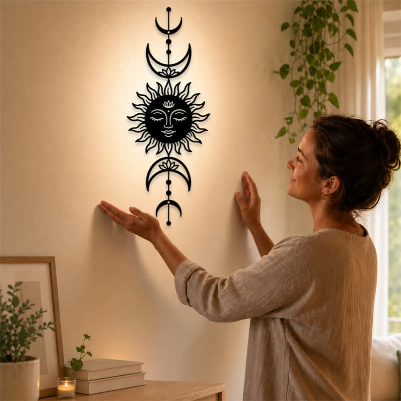 Buddha Stones Tableau mural Boho Soleil et Lune Lotus Intuition Fer Symboles Significatifs - image 1