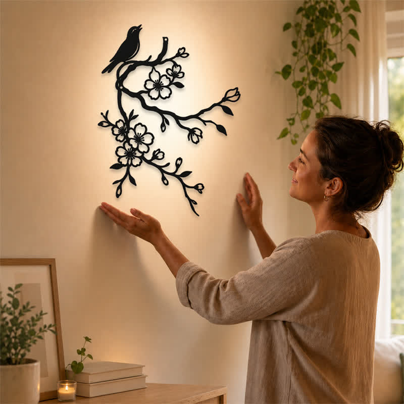 Buddha Stones Oiseau en métal sur une branche de pêcher en fleurs, décoration murale zen en fer, symboles significatifs - image 1