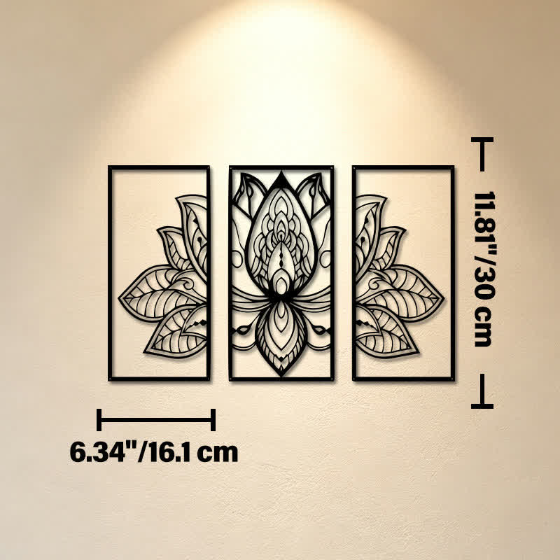 Buddha Stones Triptyque de l'Éveil du Lotus, en fer, symboles significatifs, art mural - Dimensions approximatives : 16,1 cm x 30 cm x 0,1 cm / 6,34 po x 11,81 po x 0,04 po - image 4