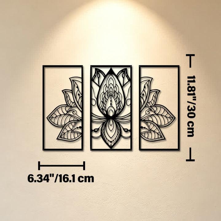 Buddha Stones Triptyque de l'Éveil du Lotus, en fer, symboles significatifs, art mural - Dimensions approximatives : 16,1 cm x 30 cm x 0,1 cm / 6,34 po x 11,81 po x 0,04 po - image 4