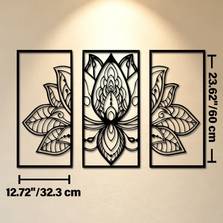 Buddha Stones Triptyque de l'Éveil du Lotus, en fer, symboles significatifs, art mural - Dimensions approximatives : 32,3 cm x 60 cm x 0,12 cm / 12,72 po x 23,62 po x 0,05 po - image 12