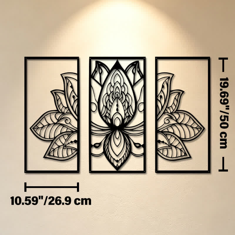 Buddha Stones Triptyque de l'Éveil du Lotus, en fer, symboles significatifs, art mural - Dimensions approximatives : 26,9 cm x 50 cm x 0,12 cm / 10,59 po x 19,69 po x 0,05 po - image 10