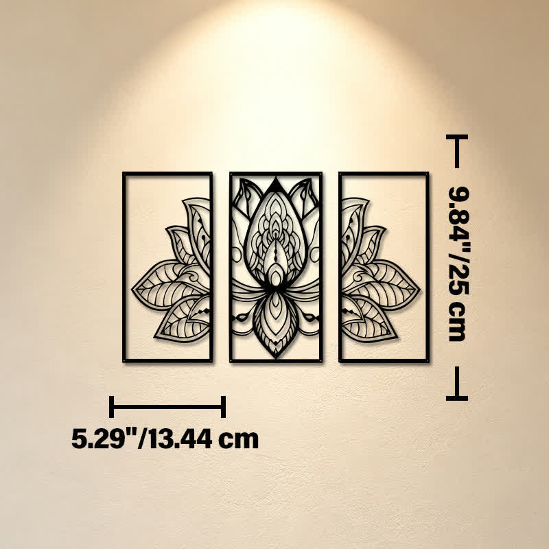 Buddha Stones Triptyque de l'Éveil du Lotus, en fer, symboles significatifs, art mural - Dimensions approximatives : 13,44 cm x 25 cm x 0,1 cm / 5,29 po x 9,84 po x 0,04 po - image 2