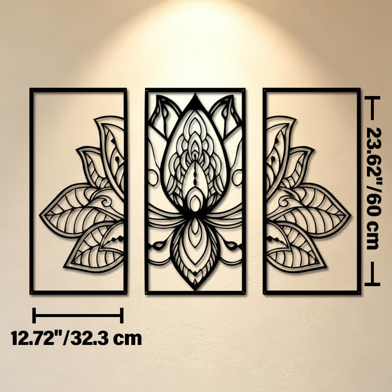 Buddha Stones Triptyque de l'Éveil du Lotus, en fer, symboles significatifs, art mural - Dimensions approximatives : 32,3 cm x 60 cm x 0,12 cm / 12,72 po x 23,62 po x 0,05 po - image 12