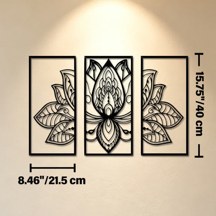 Buddha Stones Triptyque de l'Éveil du Lotus, en fer, symboles significatifs, art mural - Dimensions approximatives : 21,5 cm x 40 cm x 0,1 cm / 8,46 po x 15,75 po x 0,04 po - image 8