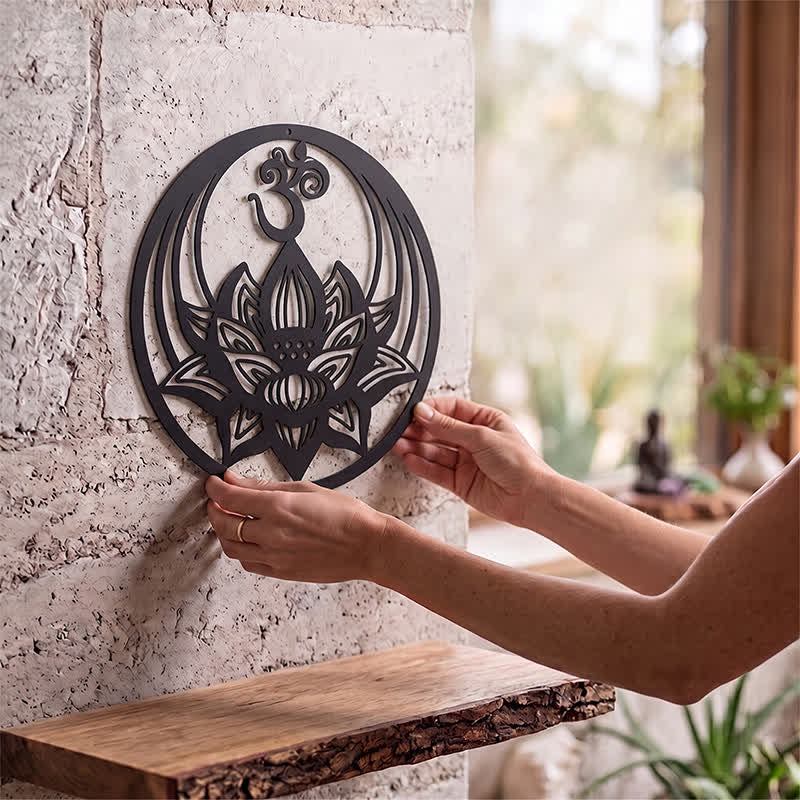 Buddha Stones Lotus de l'Éveil OM, symbole rond en fer, décoration murale - image 1