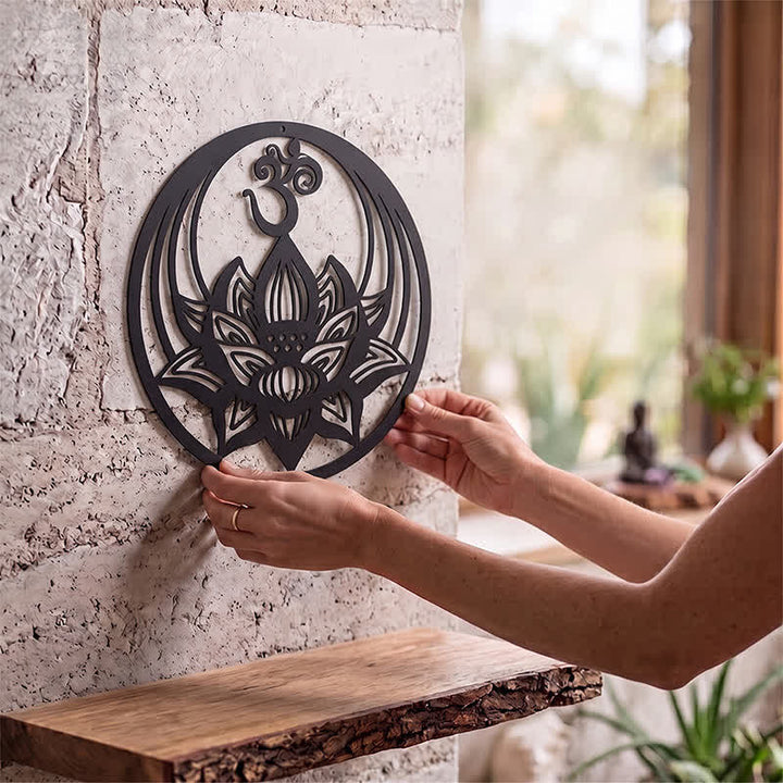 Buddha Stones Lotus de l'Éveil OM, symbole rond en fer, décoration murale - image 1