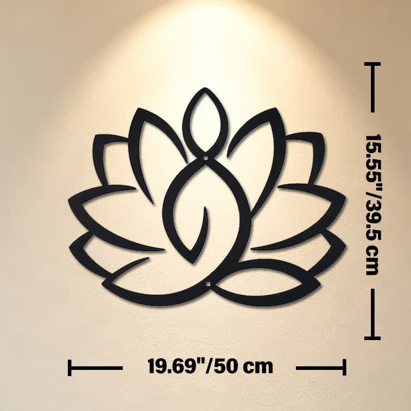 Buddha Stones Art mural en métal noir, lotus, illumination, fer, symboles significatifs - Dimensions approximatives : 50 cm x 39,5 cm x 0,12 cm / 19,69 po x 15,55 po x 0,05 po - image 10