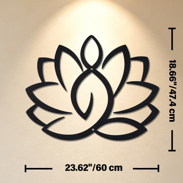 Buddha Stones Art mural en métal noir, lotus, illumination, fer, symboles significatifs - Dimensions approximatives : 60 cm x 47,4 cm x 0,12 cm / 23,62 po x 18,66 po x 0,05 po - image 12
