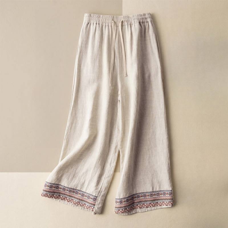 Pantalon large pour femme avec cordon de serrage et poches, orné de broderies bohèmes et de Buddha Stones - Beige - US12，UK/AU16，EU44 (XL) - image 0