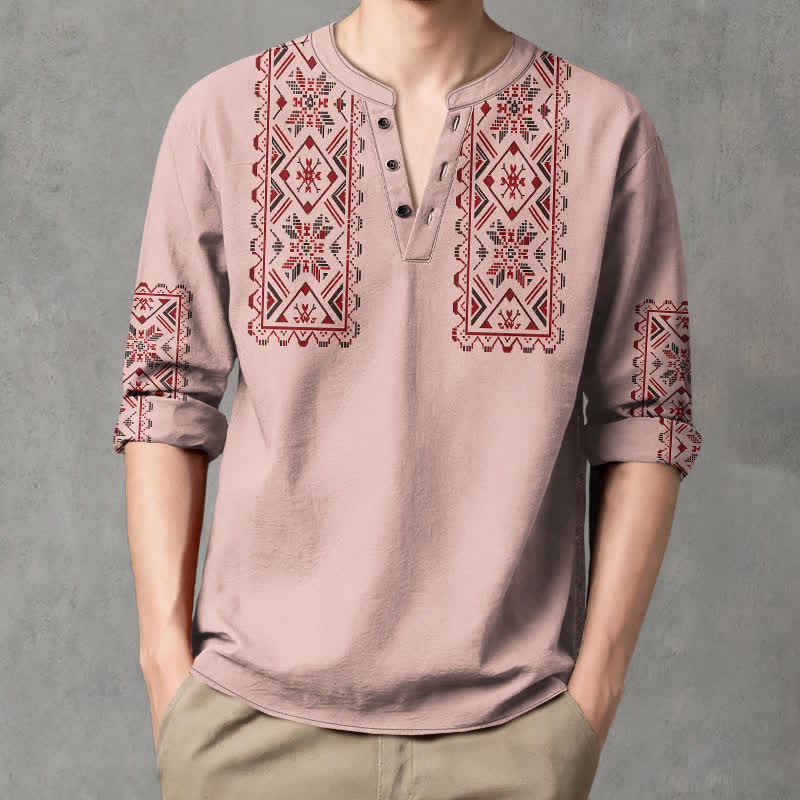 Buddha Stones Chemises à manches longues pour hommes en coton à motif géométrique tribal et col en V avec boutons - image 1