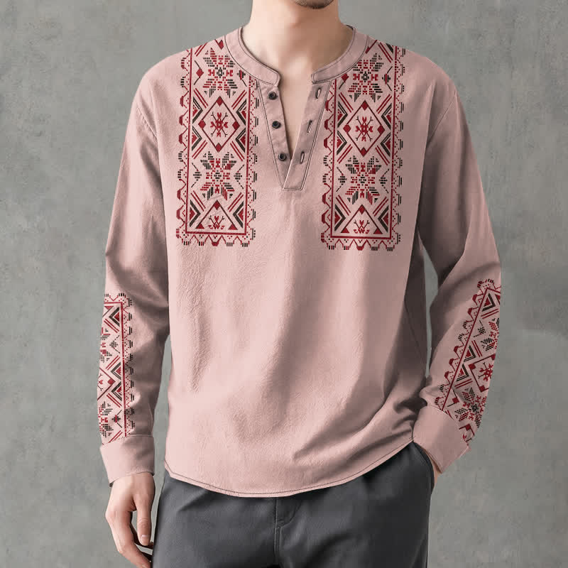 Buddha Stones Chemises à manches longues pour hommes en coton à motif géométrique tribal et col en V avec boutons - Rose clair - US/UK/AU48，EU58 (4XL) - image 0