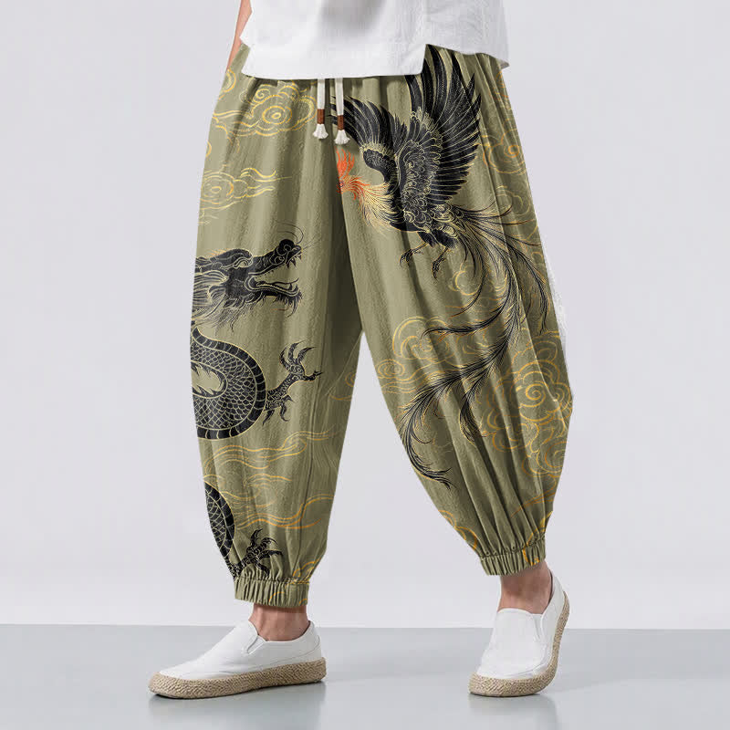 Buddha Stones Pantalon harem pour homme en pur coton avec cordon de serrage, motif dragon, phénix et nuage, et poches. - Olive - US/UK/AU50，EU60 (5XL) - image 0
