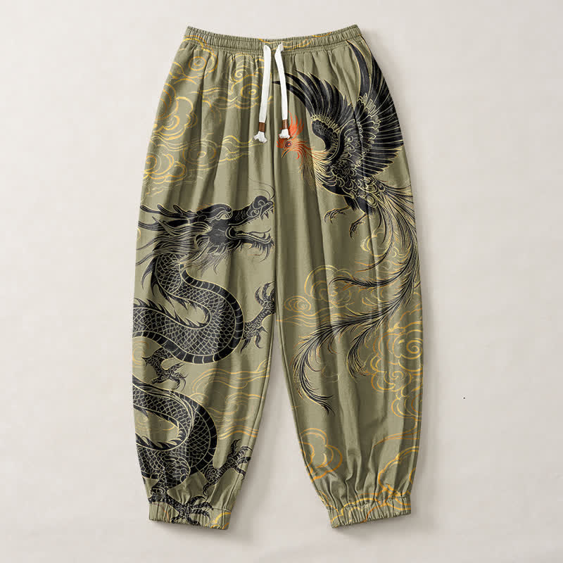 Buddha Stones Pantalon harem pour homme en pur coton avec cordon de serrage, motif dragon, phénix et nuage, et poches. - image 1