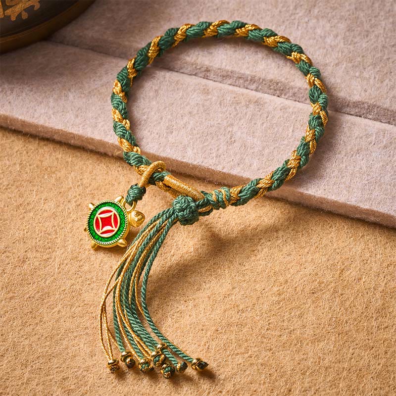 Buddha Stones Bracelet de guérison tissé à la main en corde de tortue jaune et verte - image 1