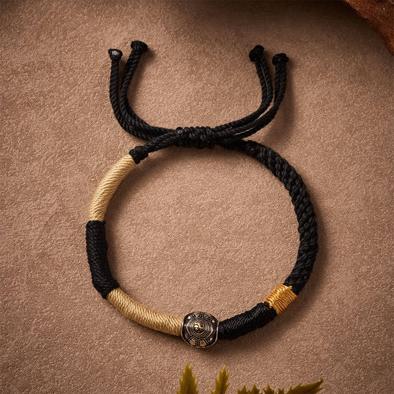 Buddha Stones Bracelet de sagesse Yinyang en laiton avec tortue et cordon noir tissé à la main - image 1