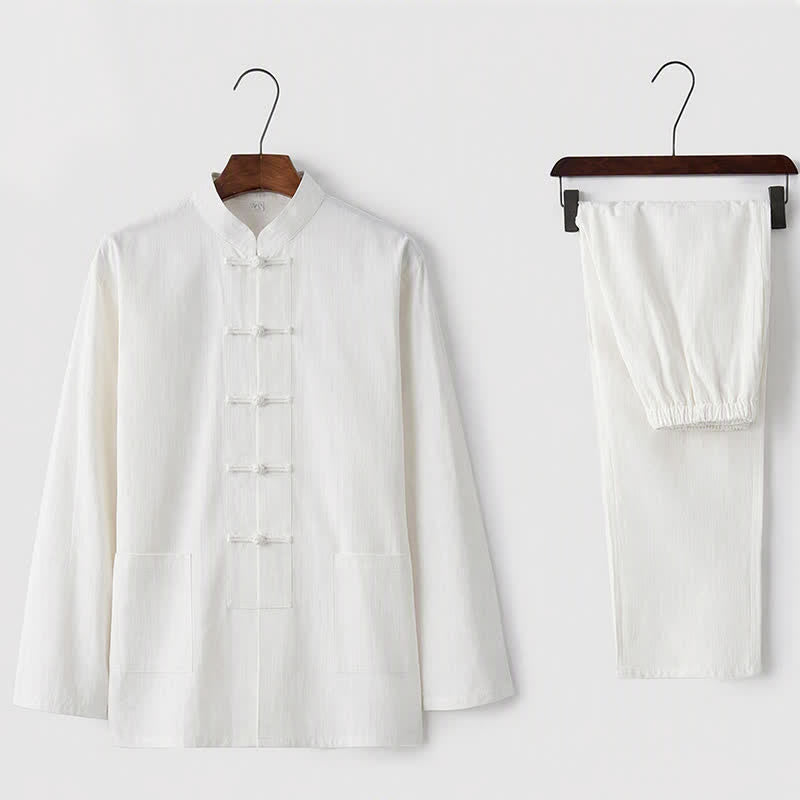 Ensemble pour homme 2 pièces Buddha Stones Tang : chemise à manches longues et pantalon, uniforme traditionnel à boutons griffés. - Blanc - US/UK/AU44，EU54 (5XL) - image 1
