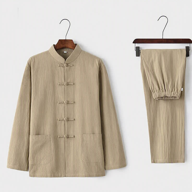 Ensemble pour homme 2 pièces Buddha Stones Tang : chemise à manches longues et pantalon, uniforme traditionnel à boutons griffés. - Beige - US/UK/AU44，EU54 (5XL) - image 0