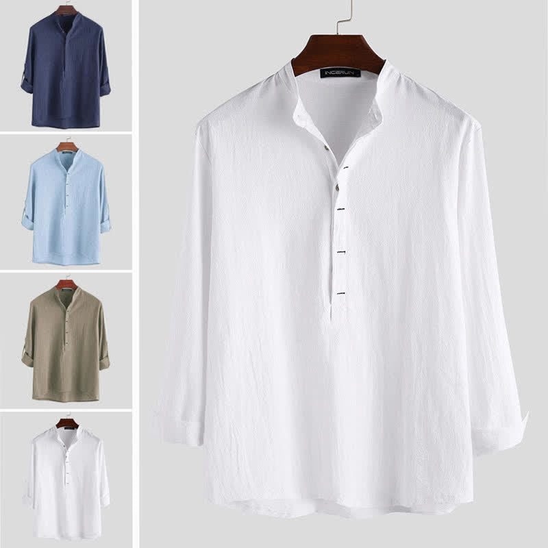Chemises pour hommes en coton à manches longues, demi-boutons, couleur unie, motif Buddha Stones - image 1
