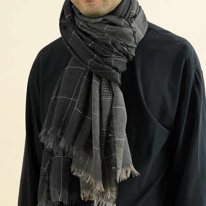 Écharpe homme à franges et à motif quadrillé foncé, style automne-hiver, Buddha Stones - image 0